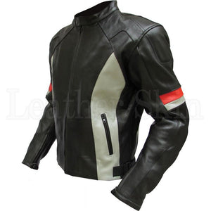 Men Black Motorcycle Genuine Leather Jacket with White Stripes