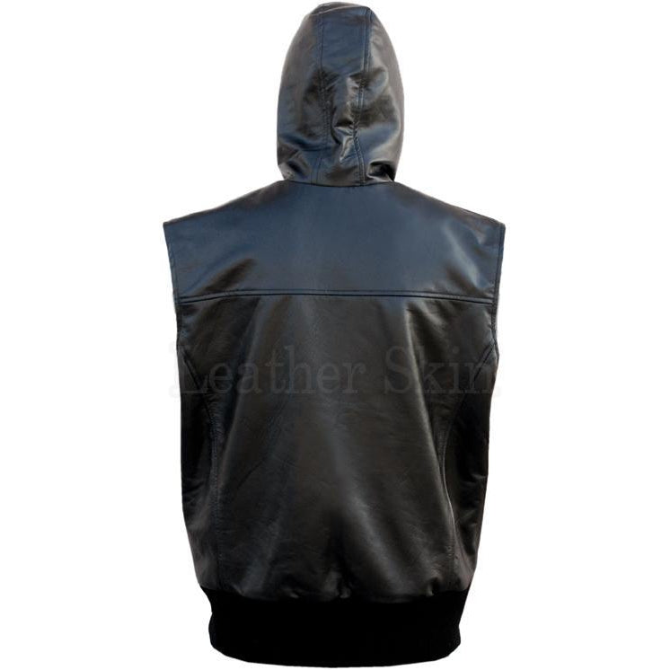 Black Hooded Fashion Premium Genuine Real Leather Vest with Hood