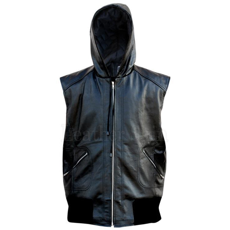 Men Black Genuine Hooded Leather Vest with Elastic Bottom