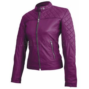 Leather Skin Women Purple Shoulder Quilted Genuine Leather Jacket
