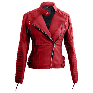 Women Red Shoulder Quilted Faux Leather Jacket