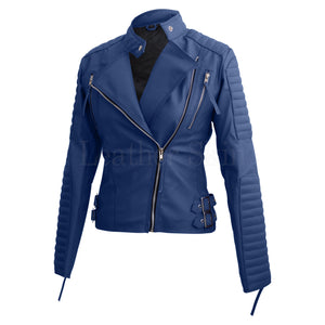 Ladies Faux Blue Leather Jacket