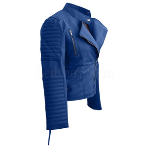 Women Blue Synthetic Leather Jacket