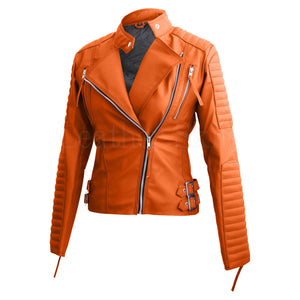 Buy Women Orange Leather Jacket Online