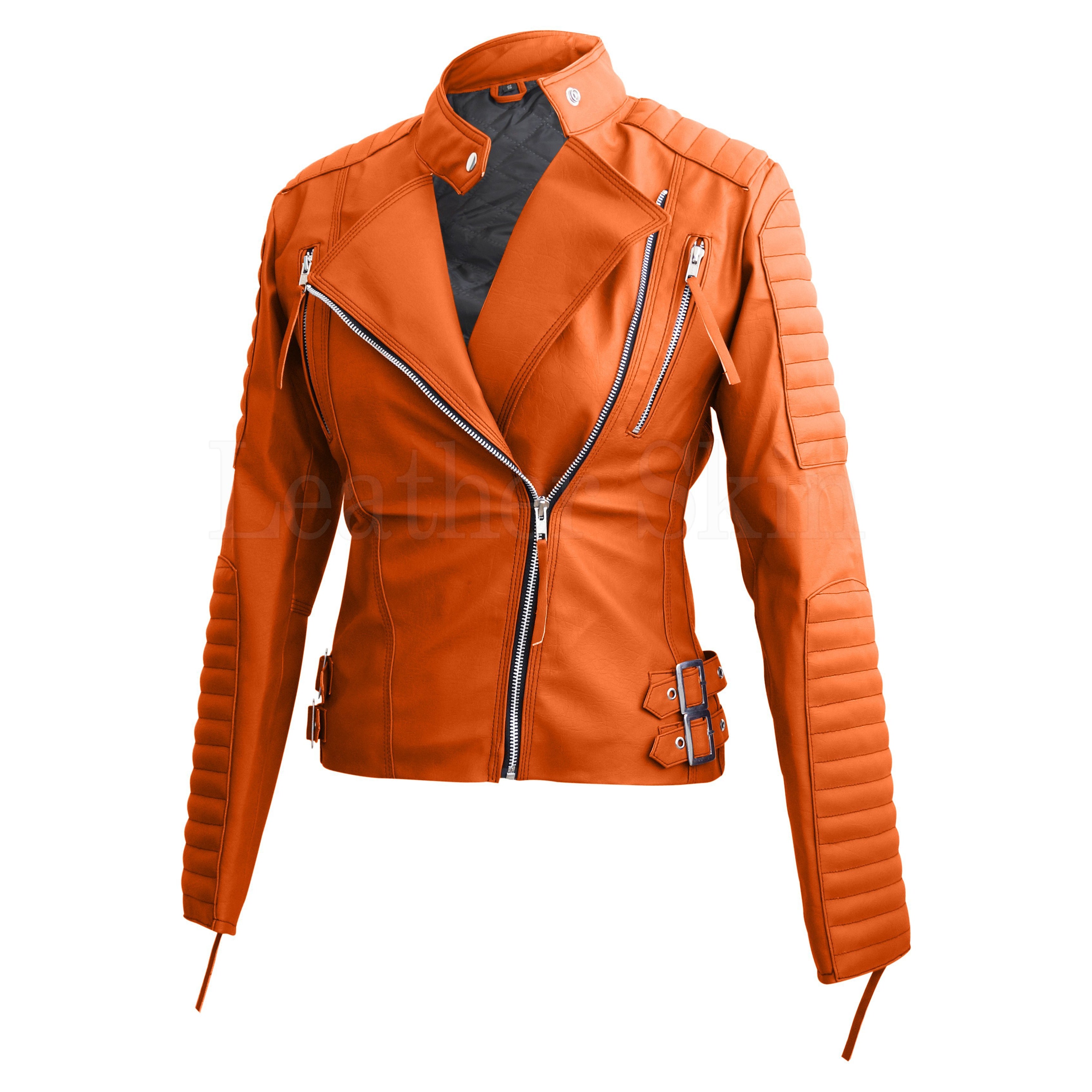 Home / Products / Striking Brando Orange Leather Jacket For Women With