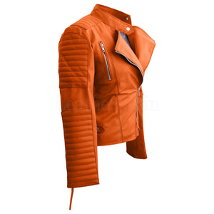 Women Shoulder Quilted Orange Faux Leather Jacket