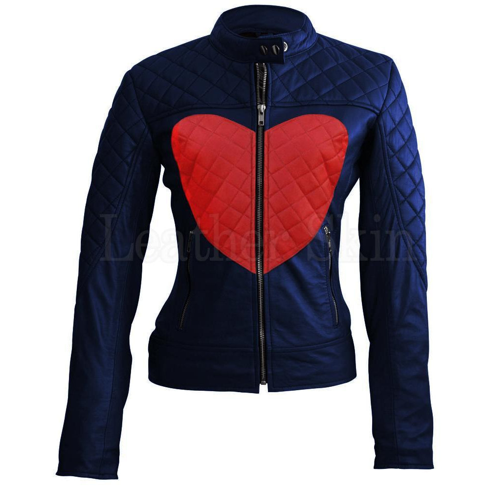Women Love Blue with Red Heart Shoulder Quilted Genuine Leather Jacket