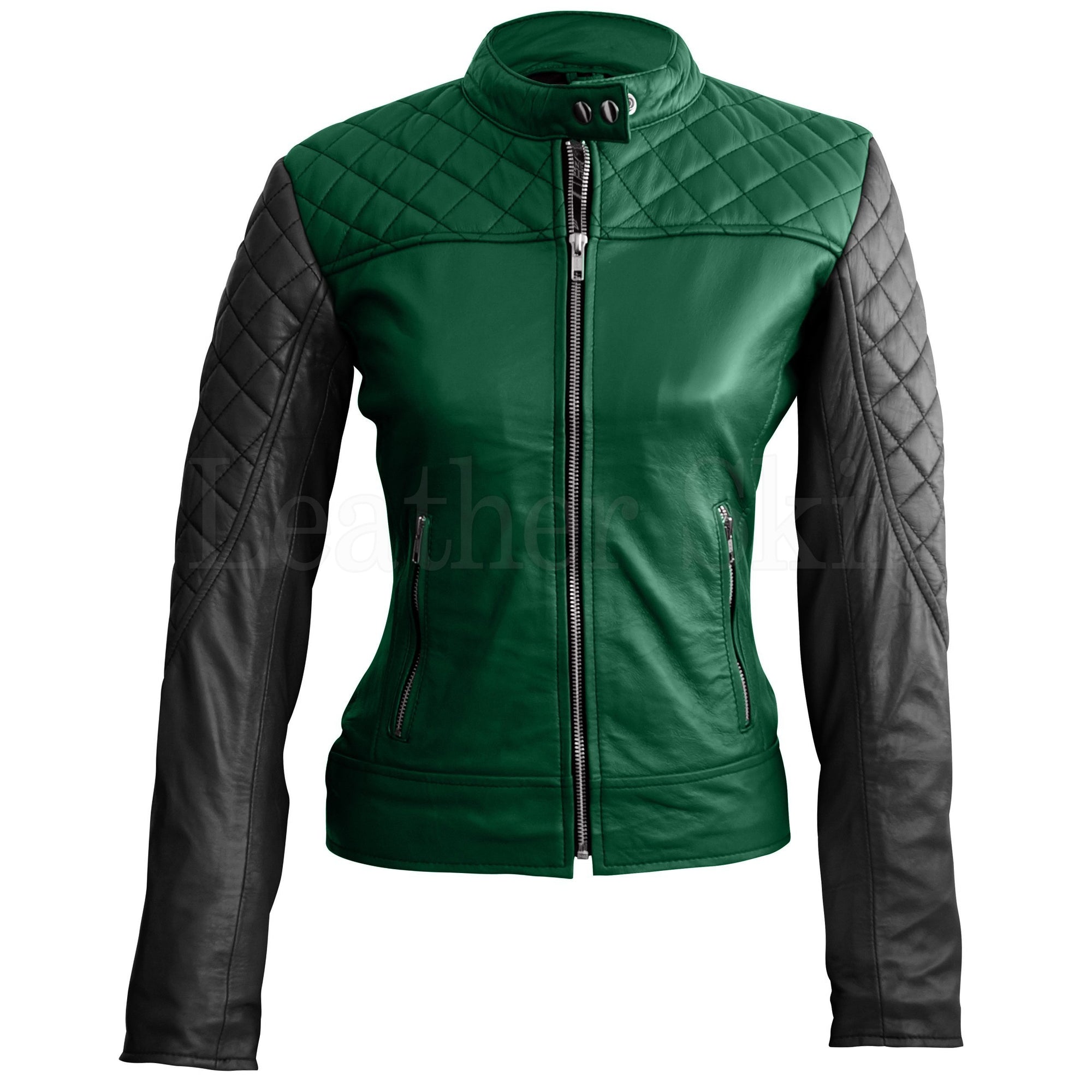 Leather Skin Women Green with Black Sleeves Shoulder Quilted Genuine Leather Jacket