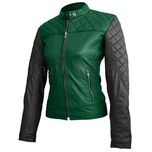 Leather Skin Women Green with Black Sleeves Shoulder Quilted Genuine Leather Jacket