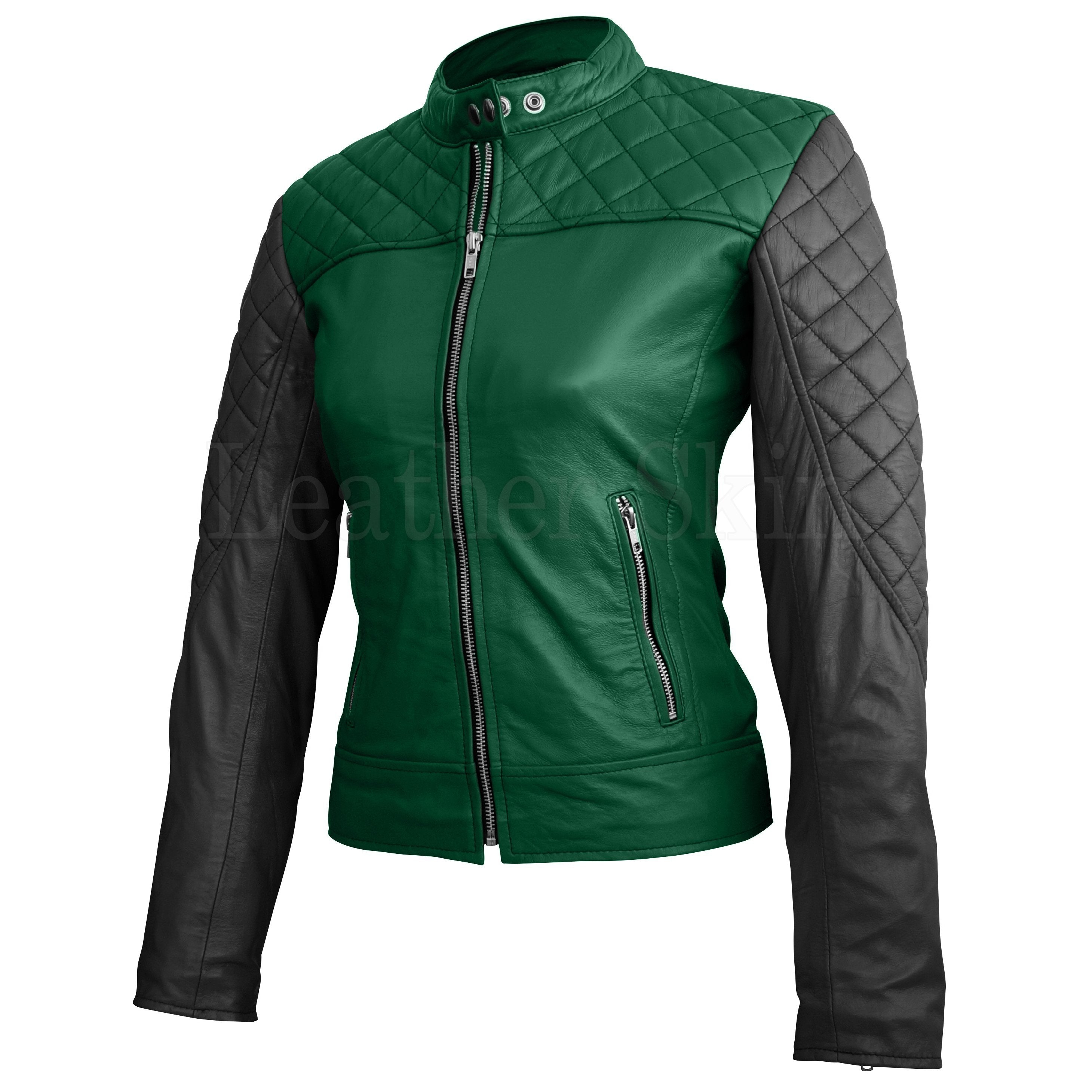 Home / Products / Leather Skin Women Green with Black Sleeves Shoulder ...