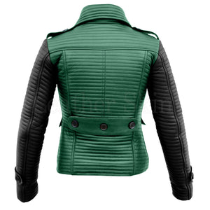 Leather Skin Women Green Rib Quilted Genuine Leather Jacket with Black Sleeves