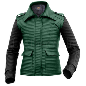 Leather Skin Women Green Rib Quilted Genuine Leather Jacket with Black Sleeves