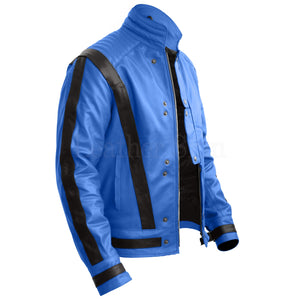 Blue Genuine Michael Jackson Leather Jacket with Black Stripes