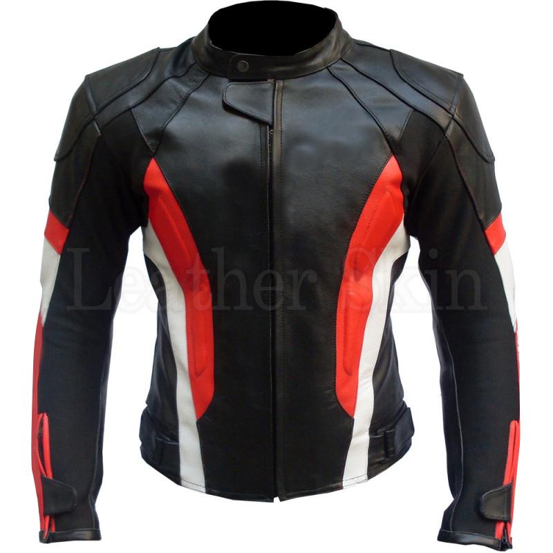 Black Biker Leather Jacket with Red and White Stripes