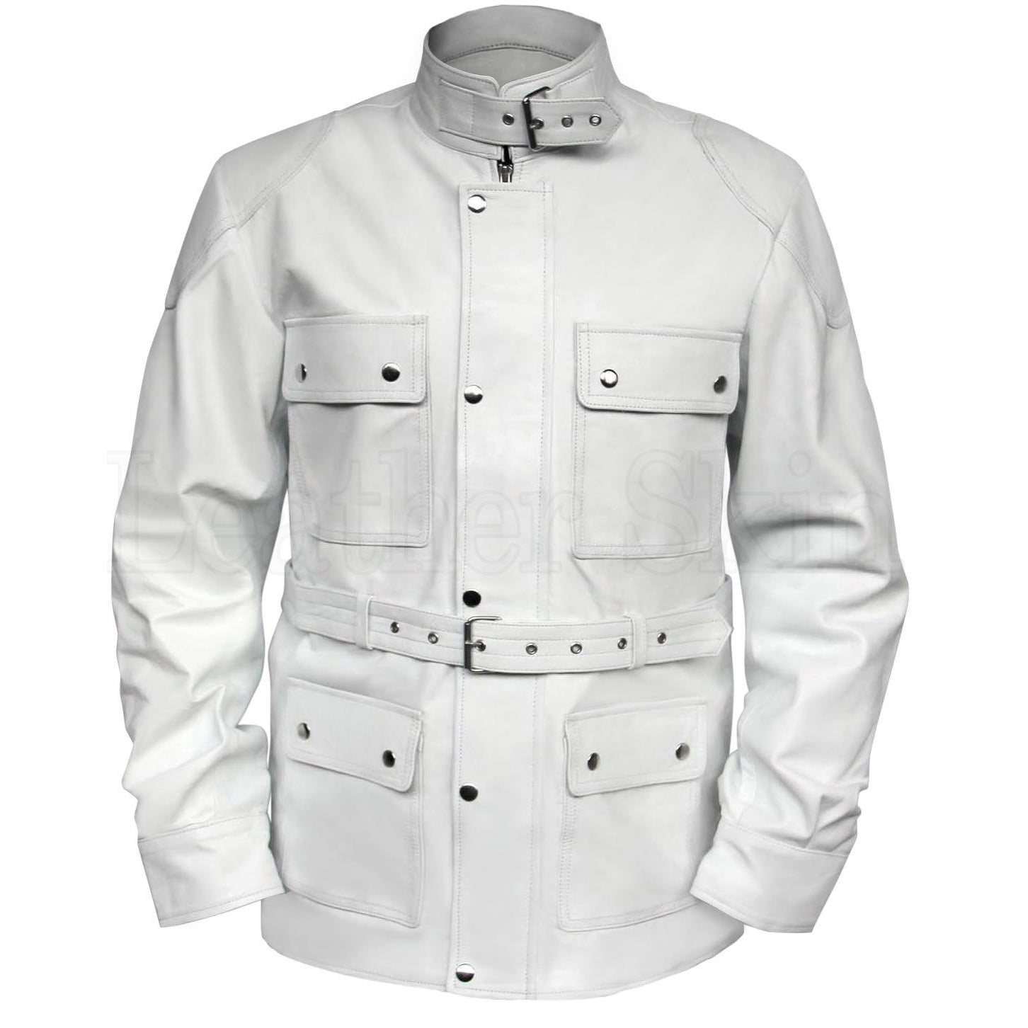Unisex White Belted Genuine Leather Jacket with Front Pockets