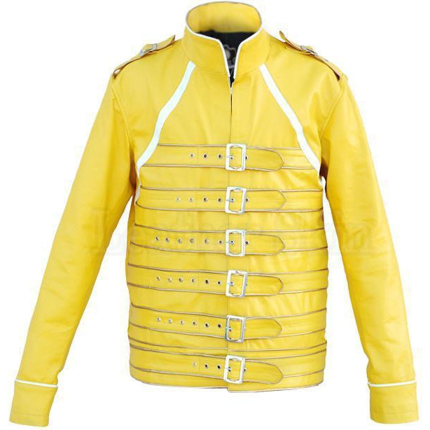 Military Yellow Leather Jacket with Belts for Men Women