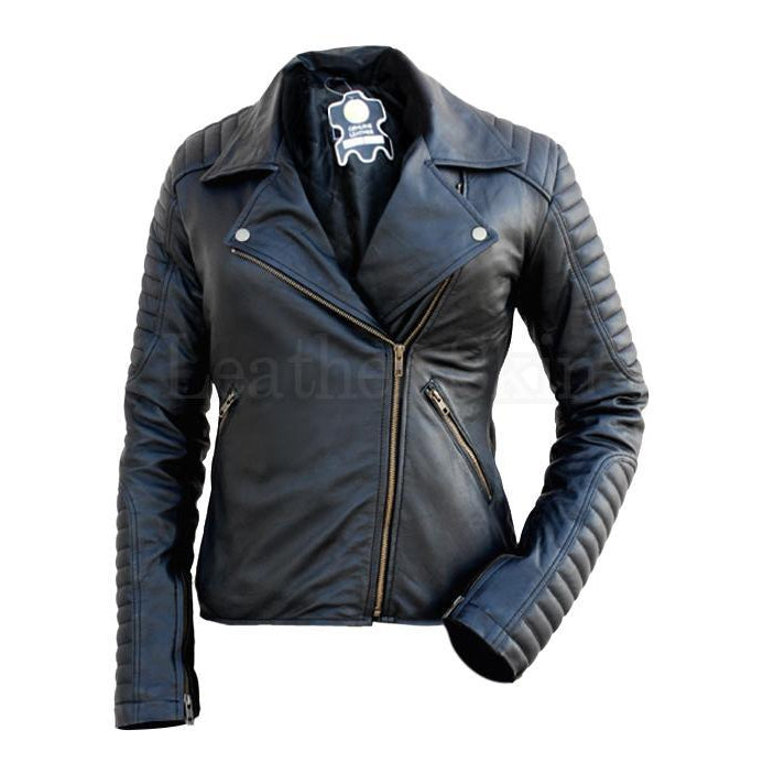 NWT Black Brando Padded Shoulder Sleeves Women Genuine Real Pure Leather Jacket