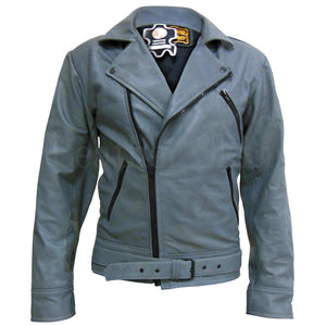 Men Gray Brando Genuine Real Leather Jacket