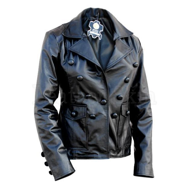 Women Black Leather Jacket with Round Buttons
