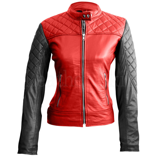 Home / Products / Leather Skin Women Red with Black Sleeves Shoulder ...