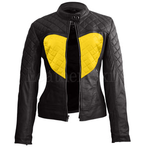 Leather Skin Women Shoulder Quilted Yellow Love Heart Genuine Leather Jacket