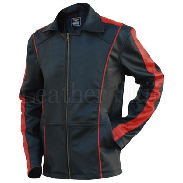 Men Black Genuine Leather Jacket with Red Stripes