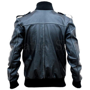 Men Real Leather Jacket with Shoulder Epaulettes