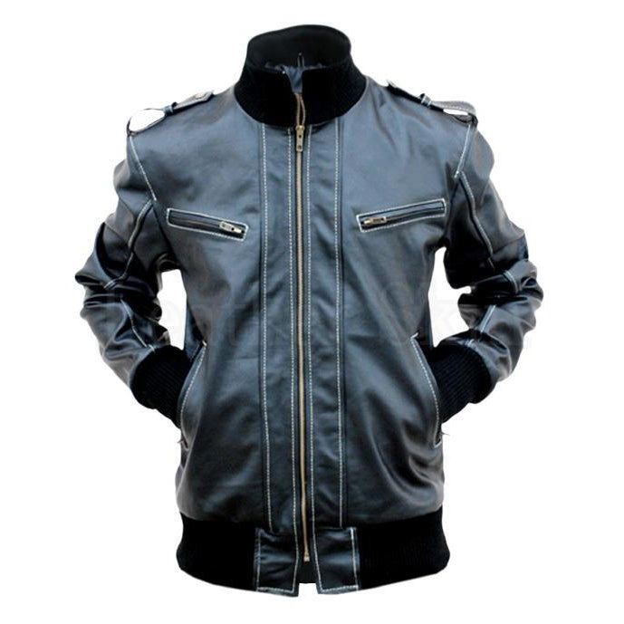 Men Black Genuine Leather Jacket with Elastic Collars