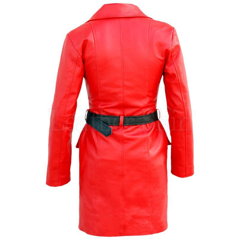 Women Red Long Trench Leather Coat