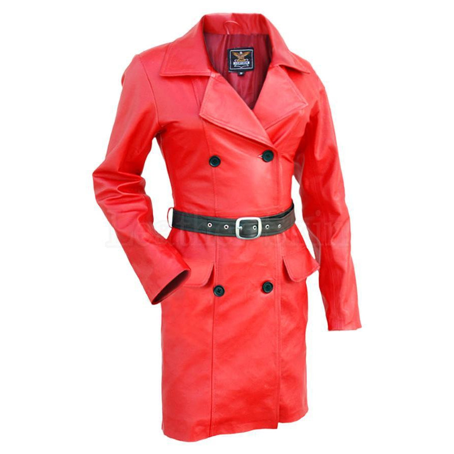 Women Red Leather Coat with Black Belt