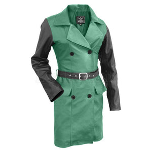 Leather Skin Women Green with Black Sleeves Genuine Leather Coat
