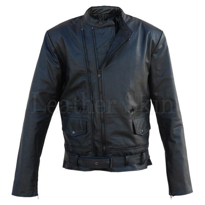 Men Black Genuine Leather Jacket with Dual Front Zippers
