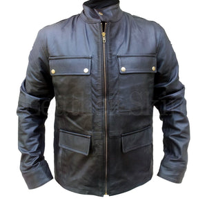 Flap Pockets with Button Closure Black Leather Jacket