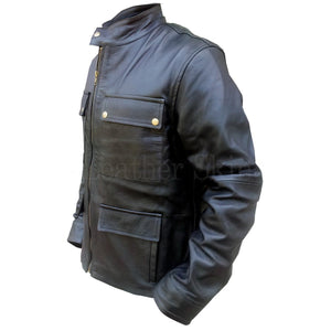 Men Black Real Leather Jacket with Flap Pockets