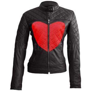 Leather Skin Women Shoulder Quilted Red Love Heart Genuine Leather Jacket