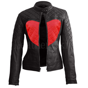 Leather Skin Women Shoulder Quilted Red Love Heart Genuine Leather Jacket