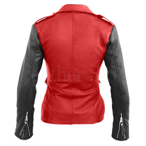 Leather Skin Women Red Brando Genuine Leather Jacket with Black Sleeves