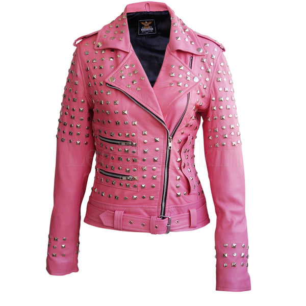 Leather Skin Women Pink Studded Studs Genuine Leather Jacket