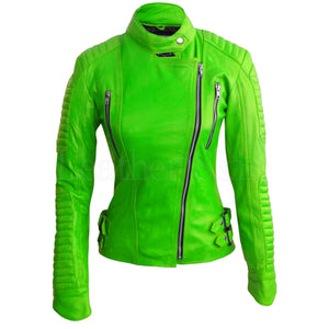 Leather Skin Women Parrot Green Brando Shoulder Padded Genuine Leather Jacket