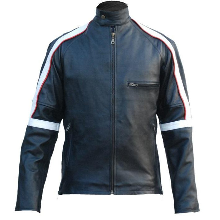 Men Black Genuine Leather Jacket with White Stripes