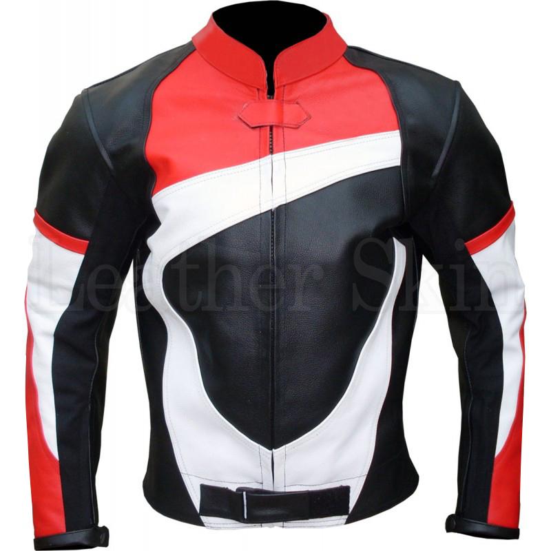 Men Black Genuine Biker Leather Jacket White Red Stripes