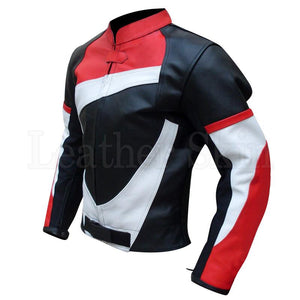 Men Black Real Leather Jacket White Red Stripes