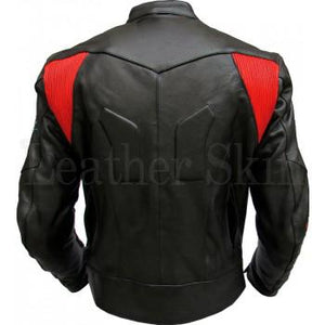 Men Black Biker Leather Jacket with Red Stripes (Back)