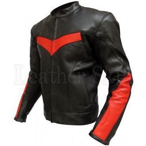 Men Black Genuine Biker Leather Jacket with Red Stripes