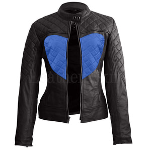 Leather Skin Women Shoulder Quilted Blue Love Heart Genuine Leather Jacket