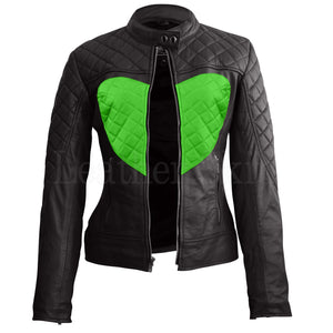 Leather Skin Women Shoulder Quilted Punk Green Love Heart Genuine Leather Jacket