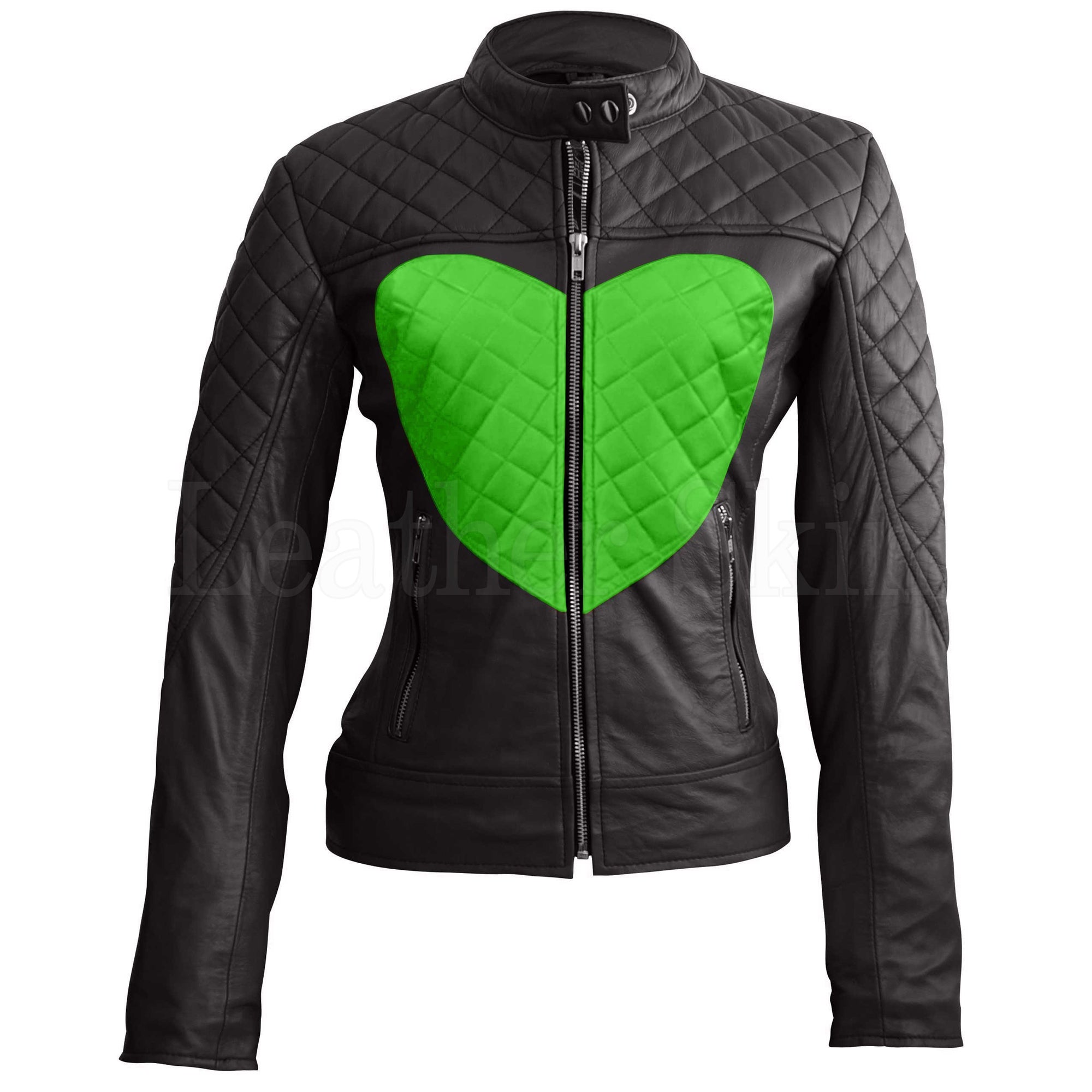 Leather Skin Women Shoulder Quilted Punk Green Genuine Leather Jacket