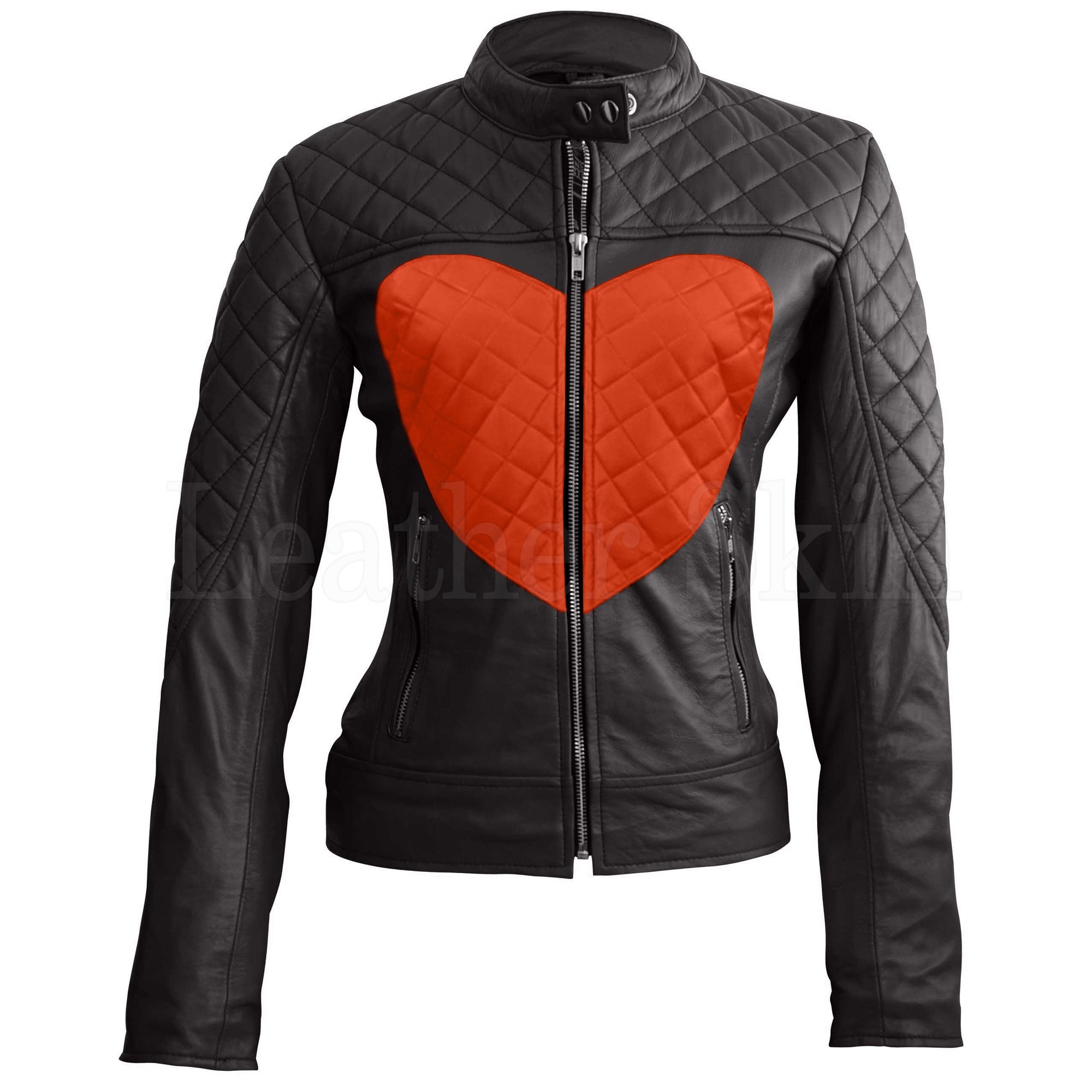 Leather Skin Women Shoulder Quilted Orange Love Heart Genuine Leather Jacket