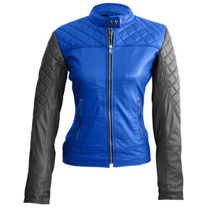 Leather Skin Women Blue with Black Sleeves Shoulder Quilted Genuine Leather Jacket