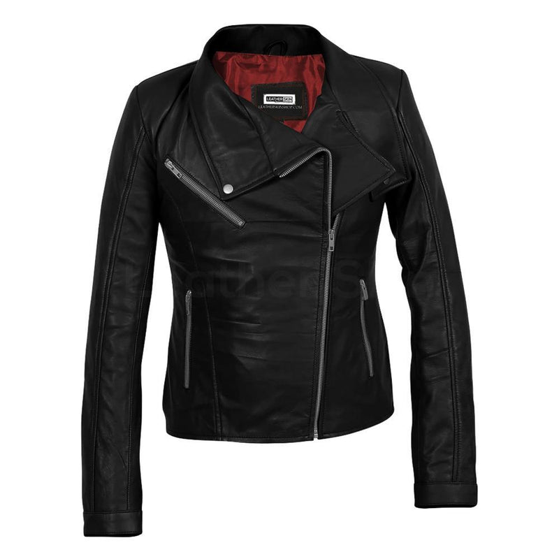 Black Belted Leather Jacket with Red Lining